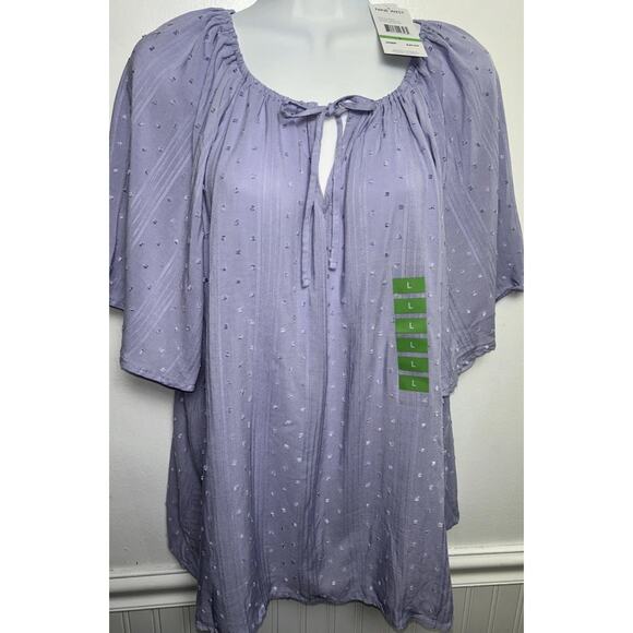 NINE WEST Womens L Tunic Top Swiss Dot S/S Keyhole V Neck Purple Chiffon New - Picture 1 of 8